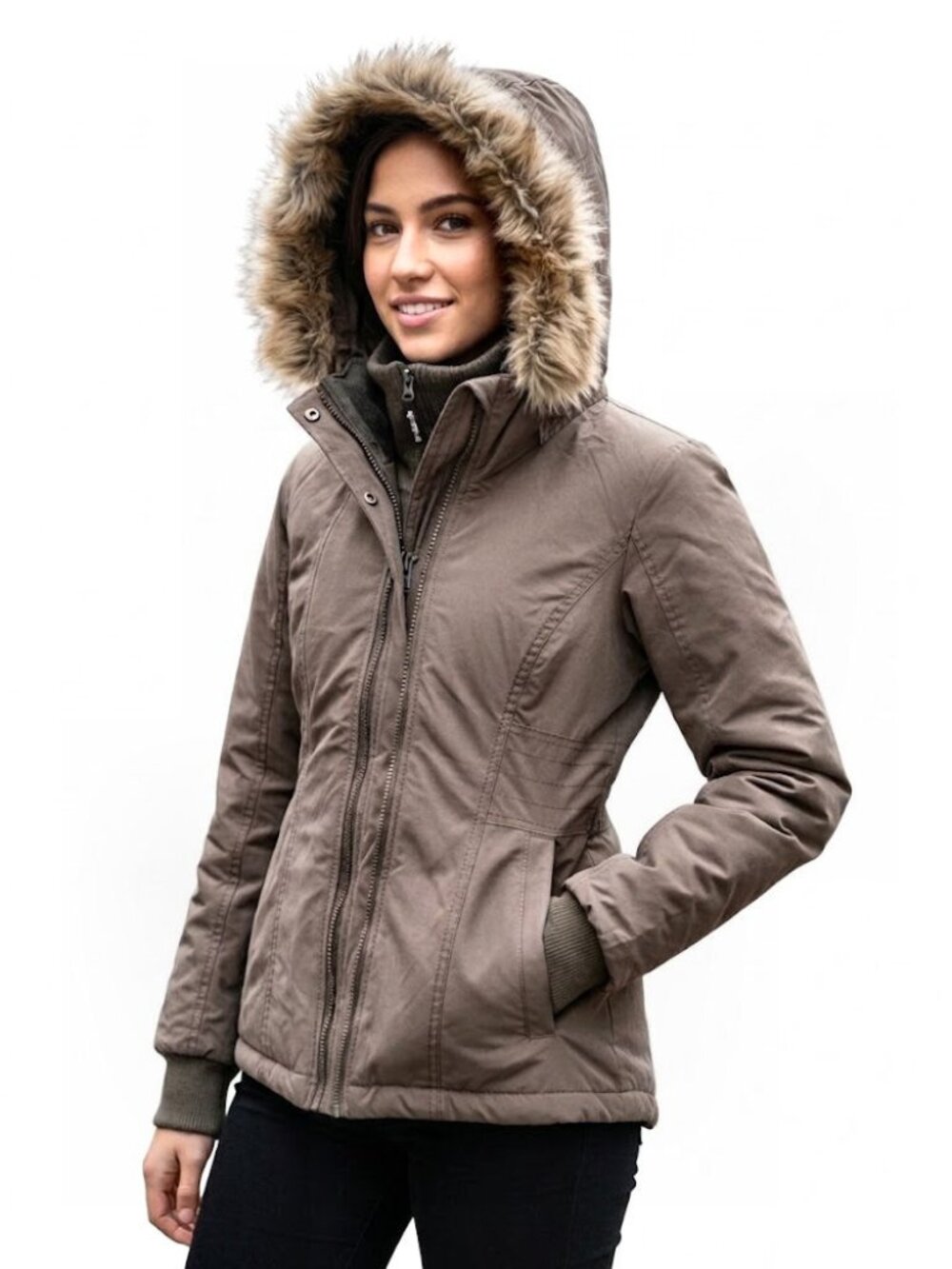 Bench. Faux-Fur Trim Hooded Winter Parka, Taupe, Womens Size 6 US / 36 EU